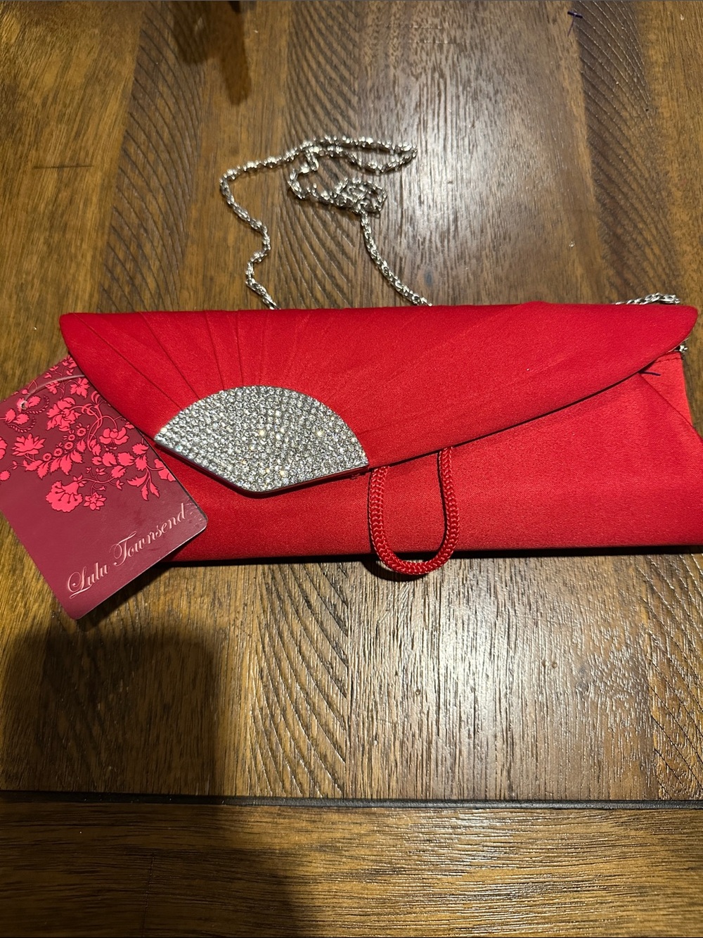 Lulu Townsend Red Satin Evening Clutch with Rhinestone Accent